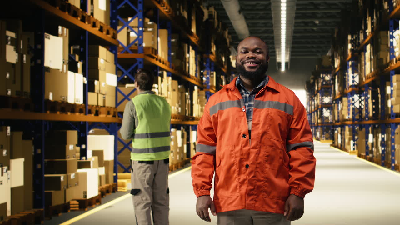 Male worker organizing packages in fulfillment center storage room