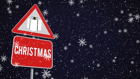animation of snow falling over warning sing with christmas text