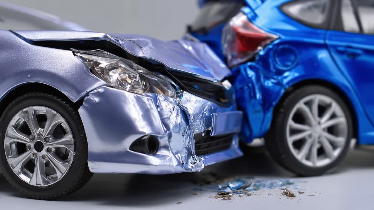 Crash scene shows two cars colliding violently. Silver sedan has dented fender and bent bumper. Blue car's front end is crushed, hood twisted. Metallic debris scatters across the pavement