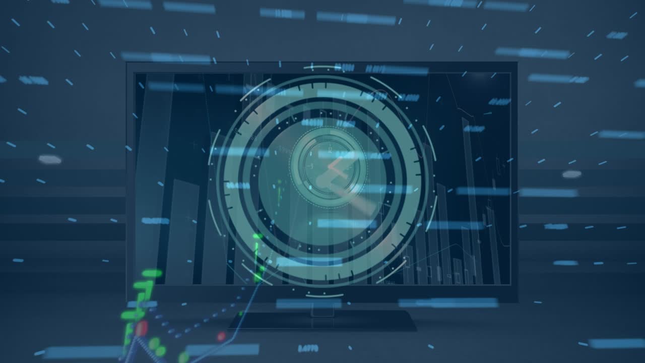 Animation of moving clock over data processing with graph on tv screen