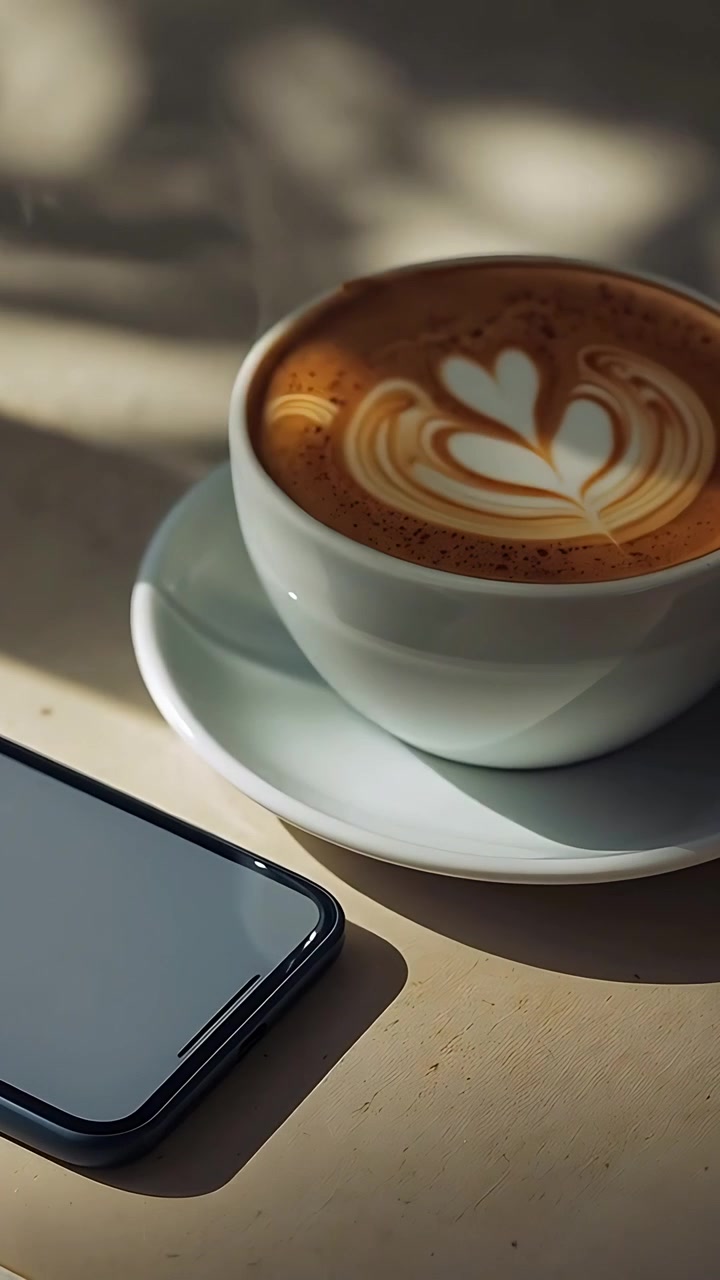 Video verticale: Telecamera che riprende una tazza di latte che si sposta a destra sul tavolo, mostrando una latte art a forma di cuore, telefono.
