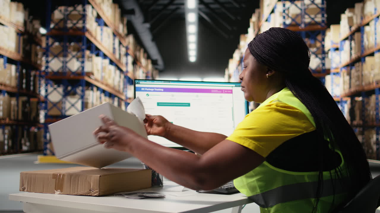 Vertical Video Black warehouse employee manage labeling and packaging tasks