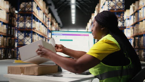 vertical video black warehouse employee manage labeling and packaging tasks