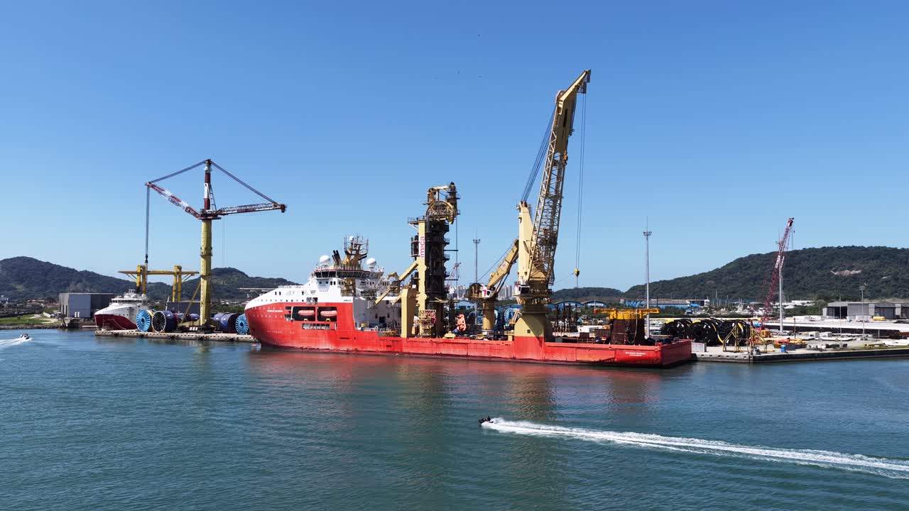 Port Of Santos At Santos In Sao Paulo Brazil. Maritime Transport Scenery. Freight Ship. Maritime Transportation. Port Of Santos At Santos. Cargo Ship Scene
