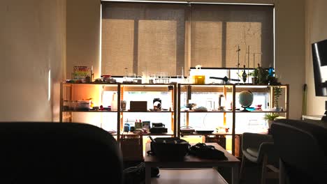 office shelves with various items and decor