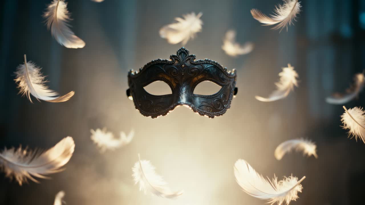 Piume che entrano e si agitano intorno a una maschera veneziana ornata che ruota e si inclina in una stanza in penombra con drappeggi e candele.