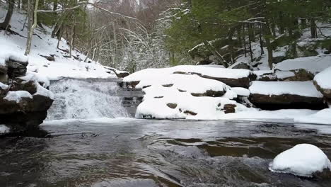 Beautiful-POV-aerial-of-a-river-flowing-in-a-frozen-landscape