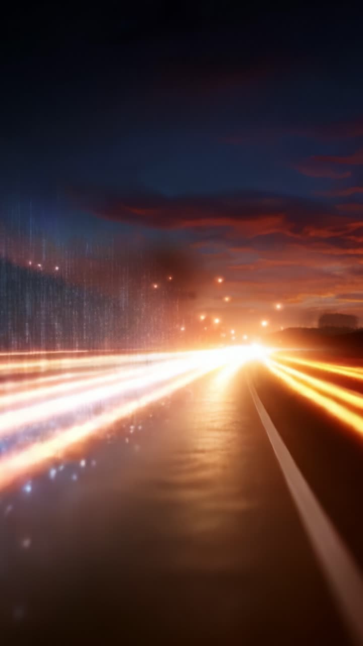Paesaggio urbano drammatico al crepuscolo con scie di luce ed effetti di illuminazione astratti che catturano il movimento e l'energia della città in una splendida ambientazione serale
