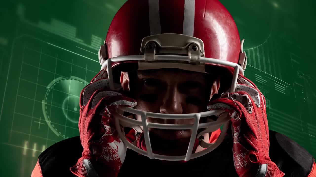 animation eines amerikanischen fußballspielers über verschiedene daten auf grünem hintergrund