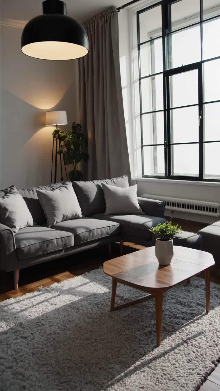 Cozy living room with modern decor, captured from a low angle