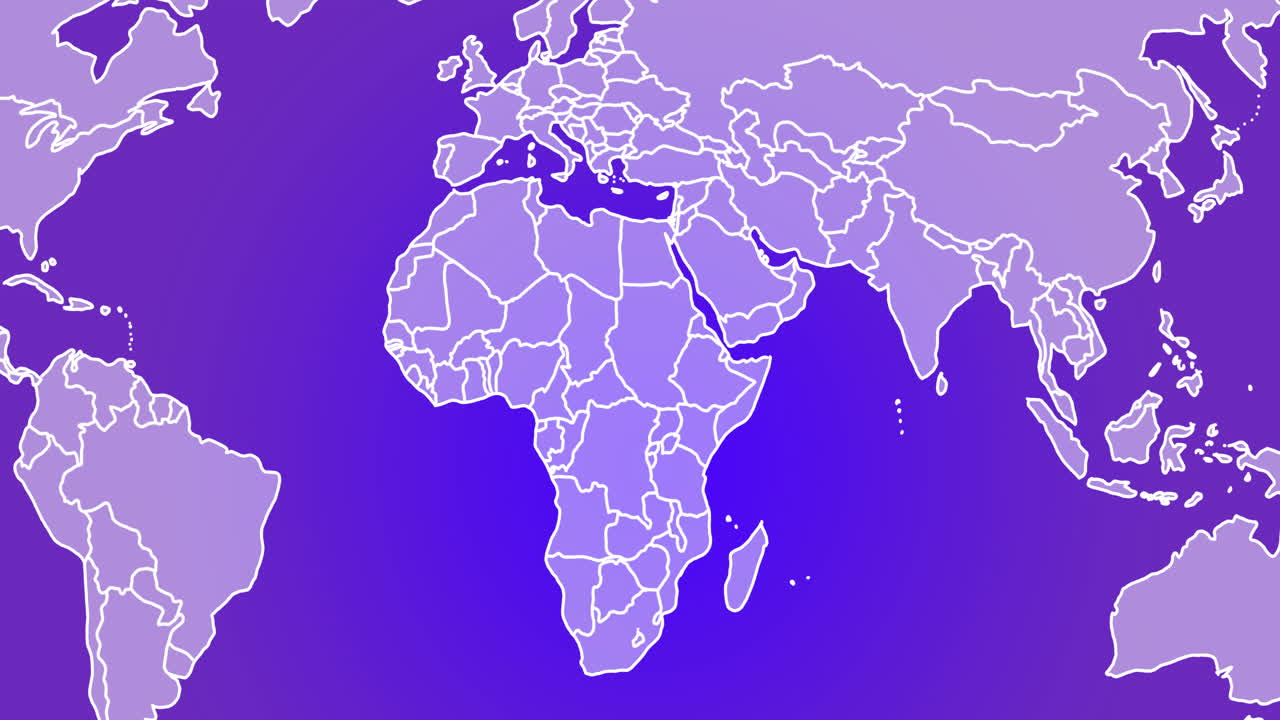 Animation of lilac and white world map moving on purple background
