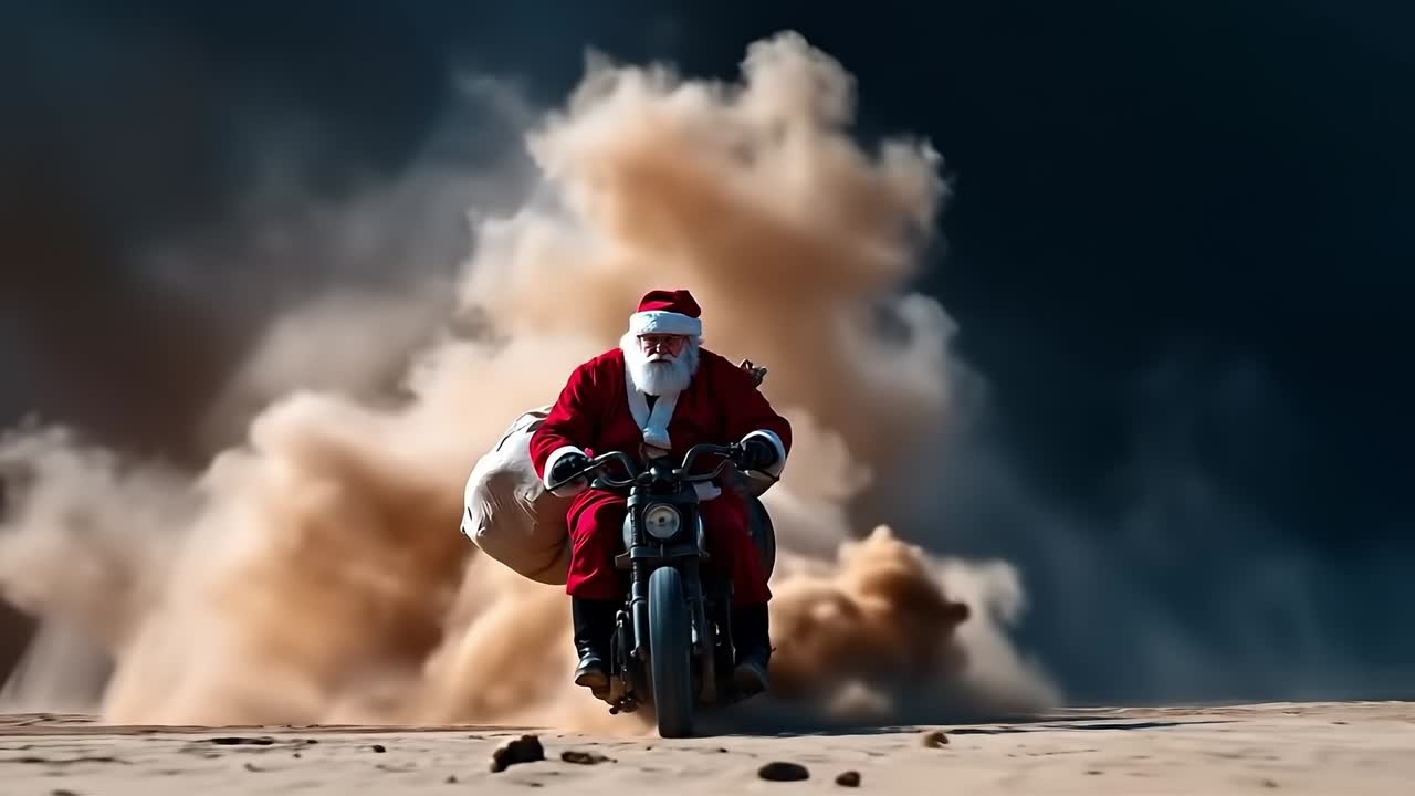 A man in a santa claus suit riding a motorcycle in the desert