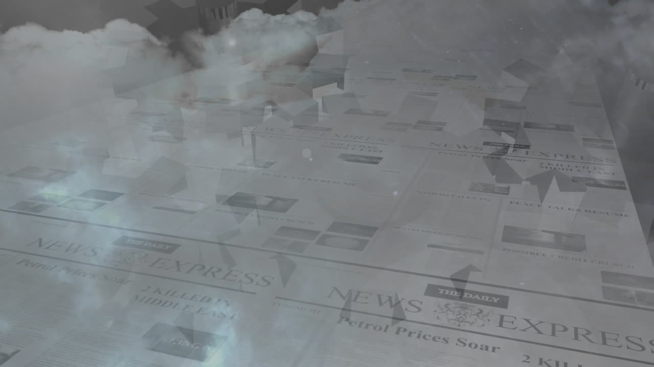 기어 아이콘의 디지털 구성 이동 및 밤 하늘에서 천둥 폭풍에 대한 신문 인쇄