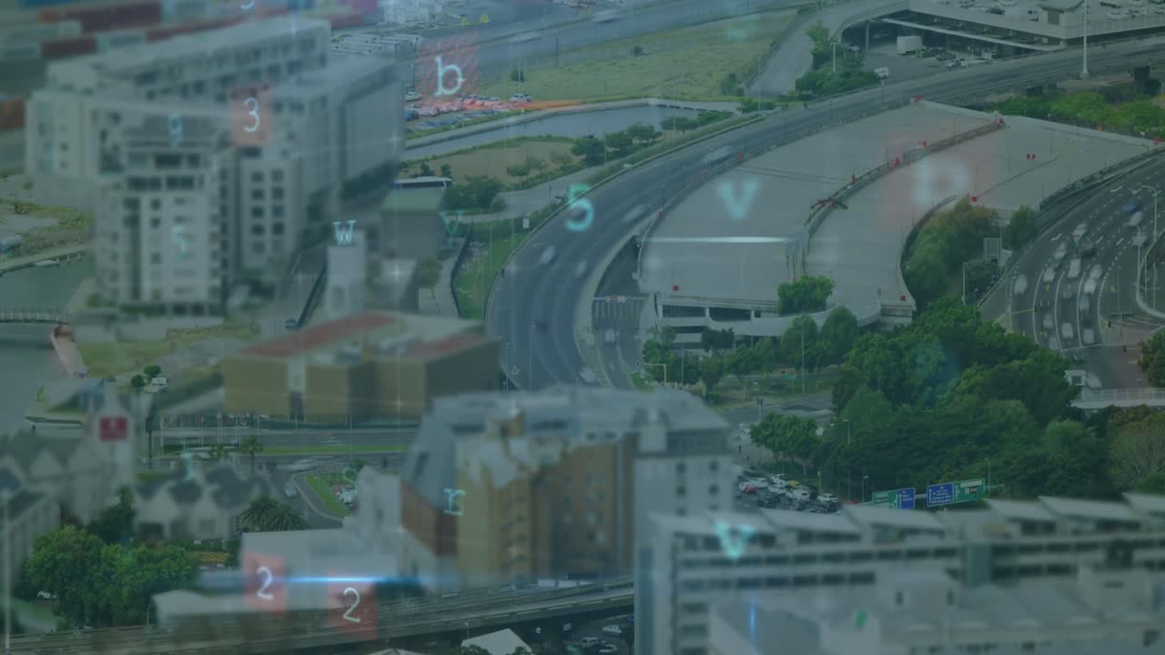 도시 풍경 위의 데이터 처리 애니메이션