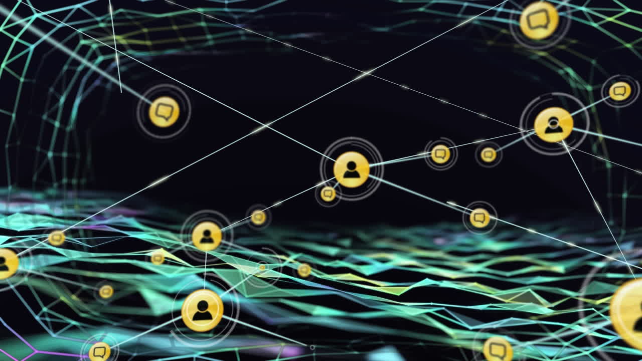 animación de una red en movimiento de personas conectadas e iconos de voz con formas verdes en negro