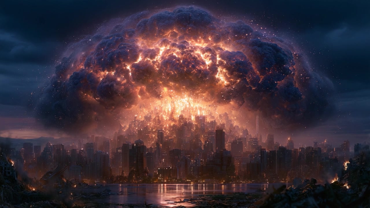 A catastrophic explosion lights up the skyline, casting an ominous glow over the ruined city, symbolizing destruction and chaos in a once vibrant urban landscape.
