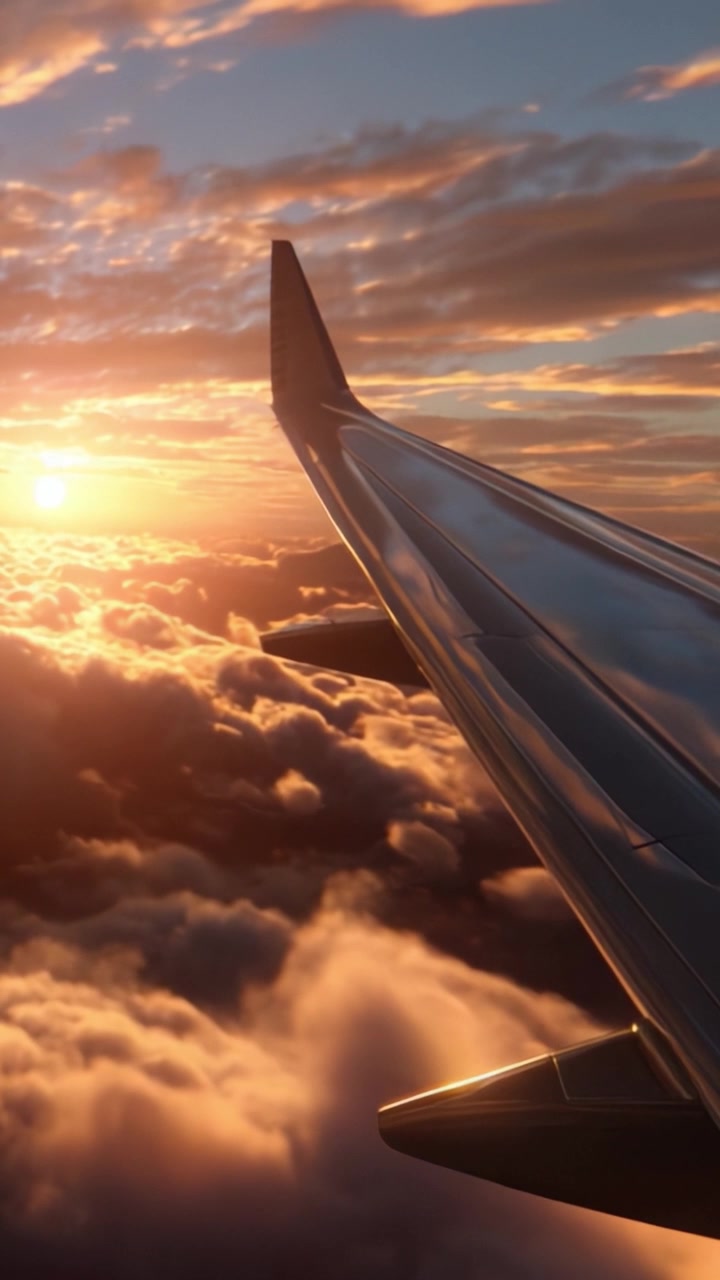Dramatic Sunset Over Clouds: Captivating Views from an Airplane Wing at Dusk with Vibrant Colors and Soft Illumination Creating a Serene Travel Experience