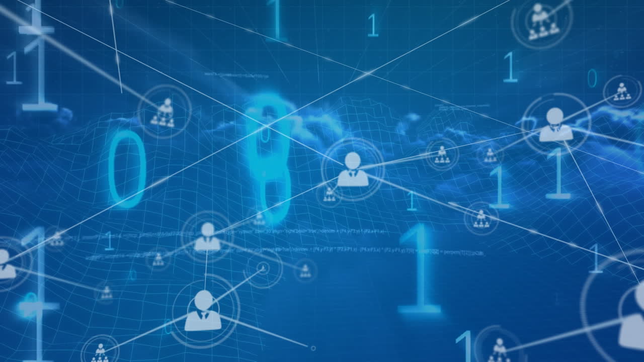 아이콘과 하늘 위의 지구로 연결된 네트워크의 애니메이션