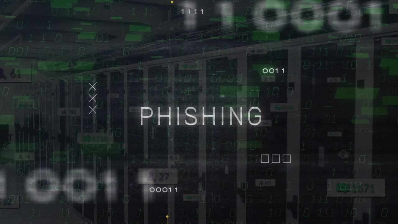 Animazione di testo di phishing con motivo a circuito stampato su codici binari sullo sfondo di una sala server