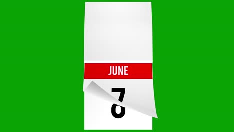 calendario diario de junio con páginas de giro animadas y una página blanca al final para escribir su mensaje