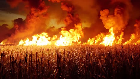 a field of corn on fire in the middle of a field