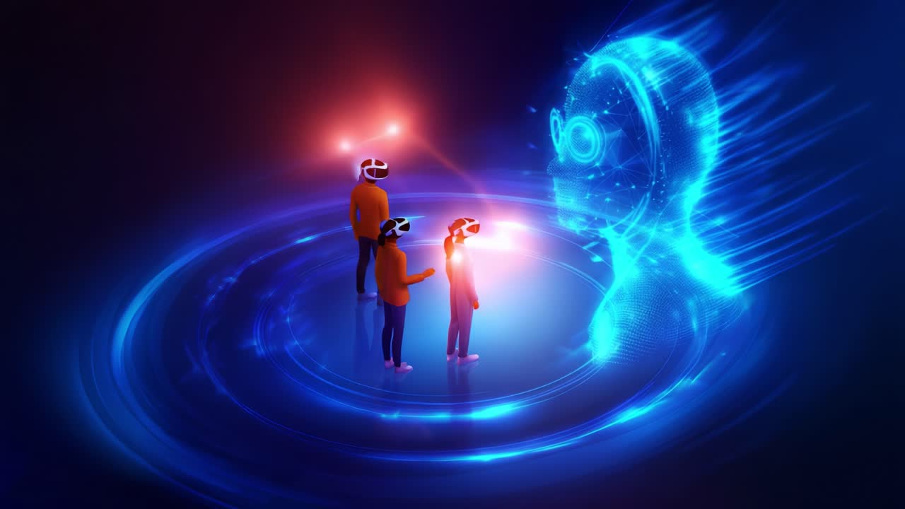 Futuristic Interaction: Virtual Reality Experience with Users Engaged in Digital Universe, Featuring Holographic Avatars and Immersive Display of Advanced Technology Concepts