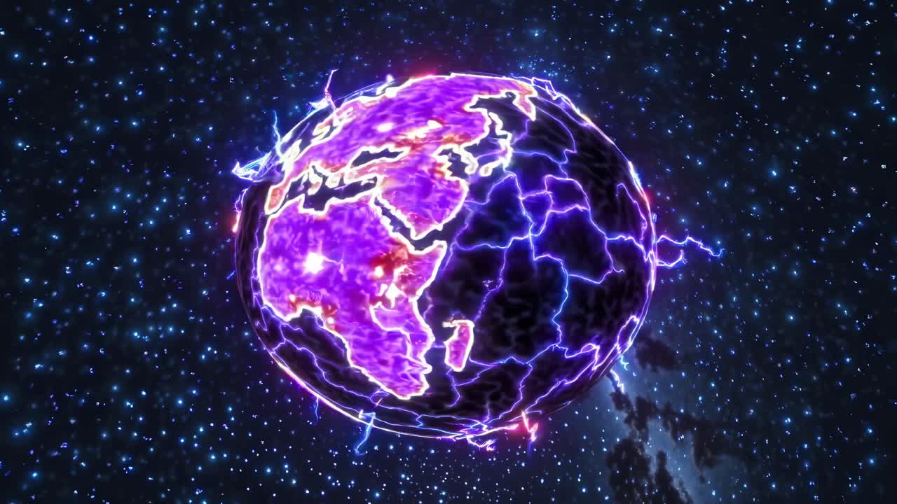 Blue and purple electric rays radiating from a cosmic energy sphere float in the depths of space, surrounded by a mesmerizing starry night, creating an awe inspiring celestial scene