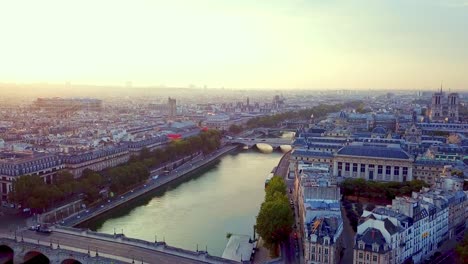 morning descending drone view on city panorama, pont neuf bridge over seine river and ile de la cite