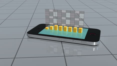 el teléfono inteligente se desliza sobre los azulejos y proyecta un gráfico de barras