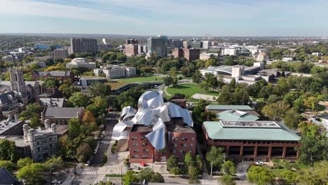 cleveland, ohio usa, drone shot of peter b. lewis building in case western reserve university campus