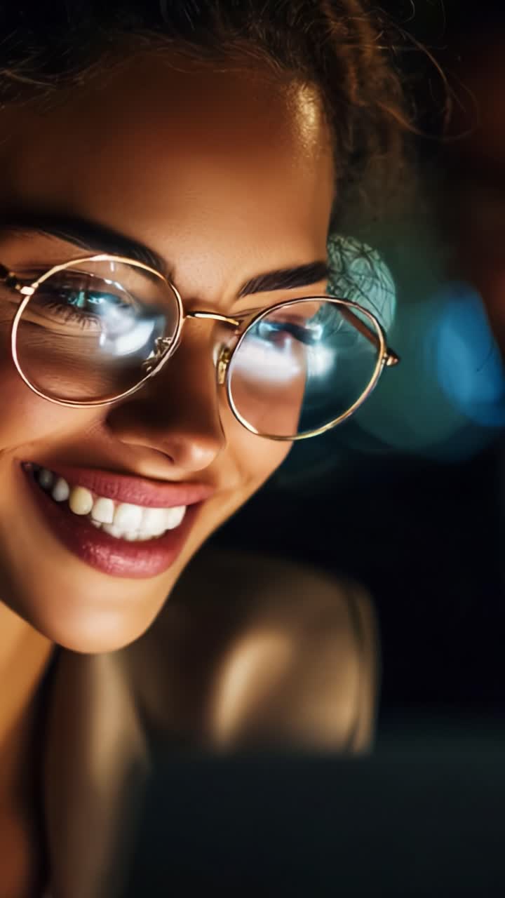 Captivating Close-Up of a Smiling Young Woman with Glasses, Radiating Confidence and Charm While Engaged in a Thoughtful Moment at Night in a Softly Lit Environment