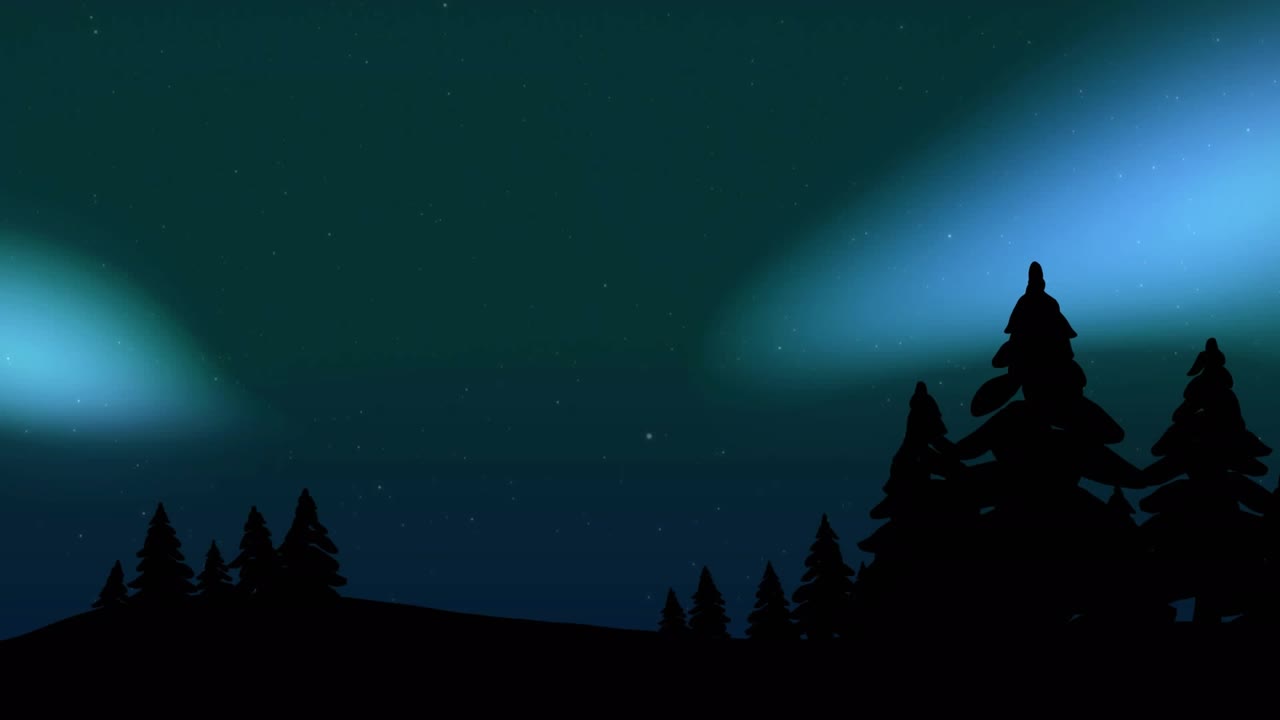 Faint aurora sparking particle rings rotating, breaking while streaks lighting pine trees