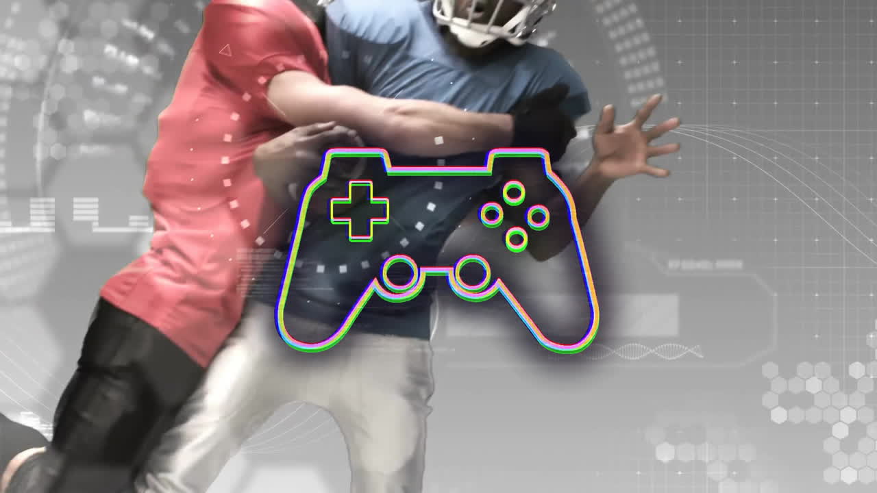 Playing football with animation overlay, players in action on field