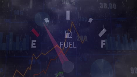 animación del velocímetro y procesamiento de datos estadísticos contra la lluvia y las nubes en el cielo.
