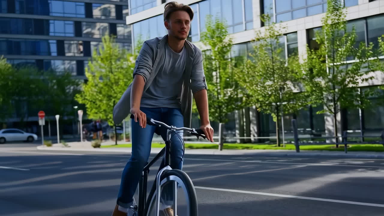 Young man cycling on a city street