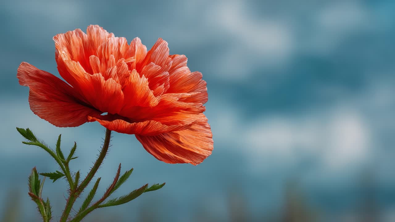 Un affascinante fiore arancione che illumina il paesaggio con i suoi colori vivaci su un cielo suggestivo con nuvole soffici che esaltano la bellezza naturale della primavera