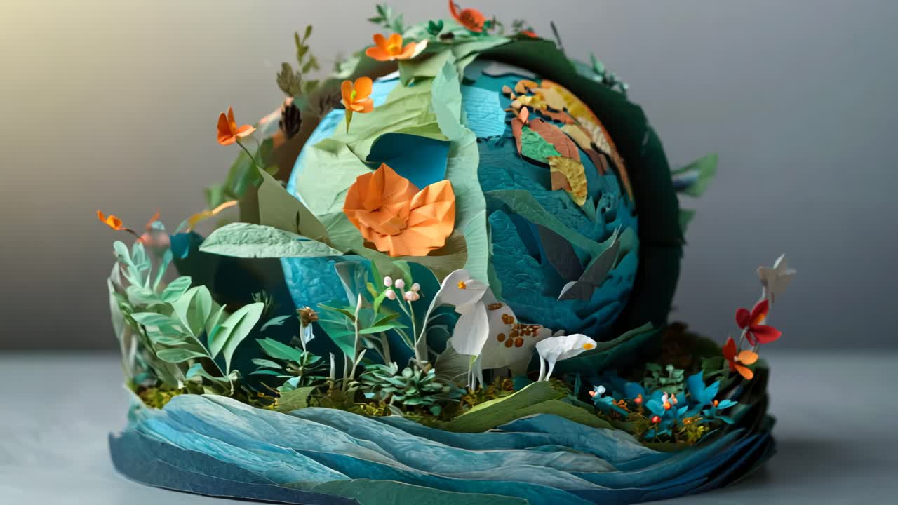 A paper globe with a blue ocean and green land. The globe is decorated with animals and plants