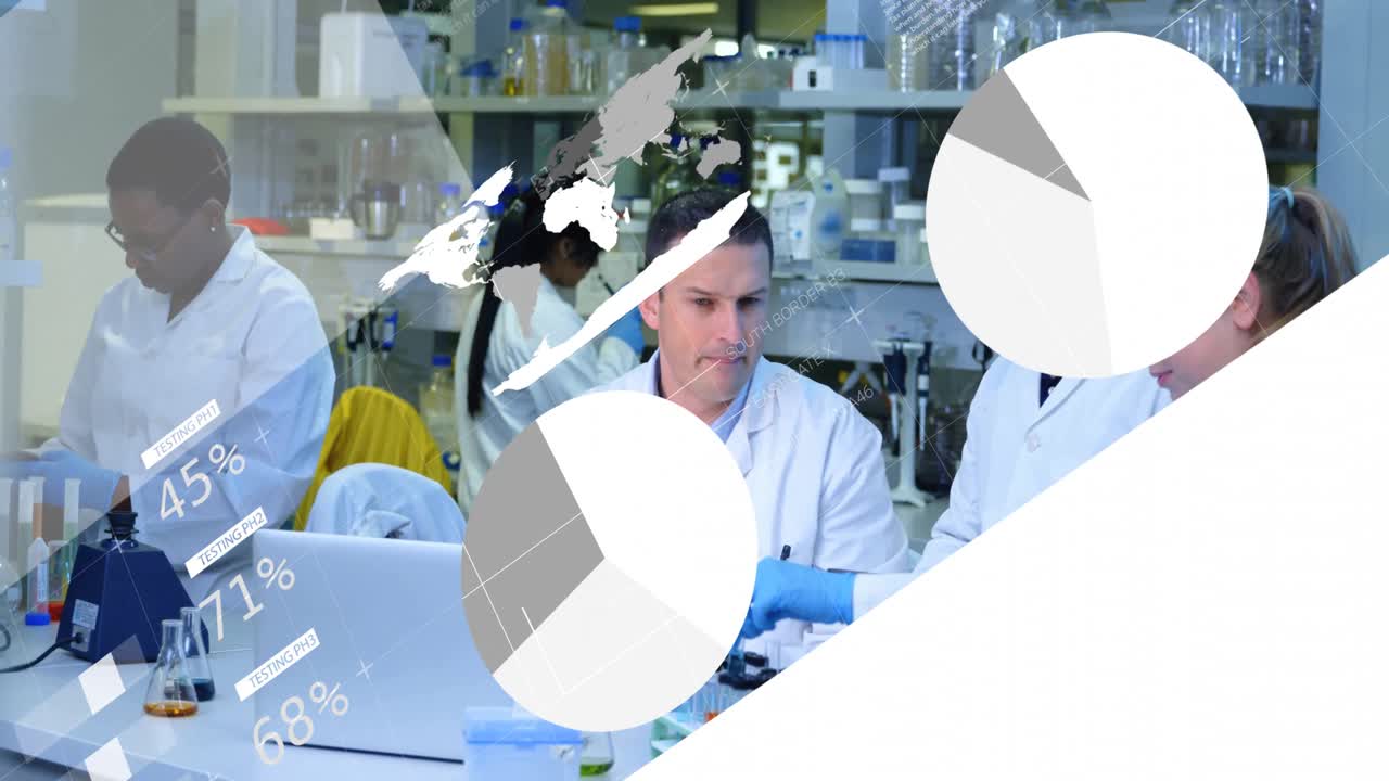 Team di ricerca che consegna una provetta e avvia l'analisi utilizzando grafici animati in un laboratorio scientifico.
