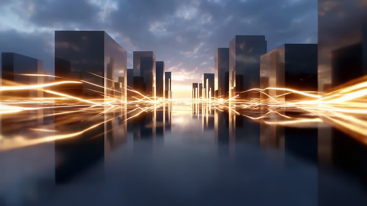 A mesmerizing futuristic landscape showcases towering structures reflecting golden streams of light, creating an enchanting and vibrant atmosphere at sunset, inviting viewers into an ethereal realm