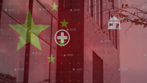 animation of flag of china and data processing over cityscape