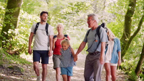 Zeitlupenaufnahme-Einer-Familie-Aus-Mehreren-Generationen,-Die-Gemeinsam-Auf-Einem-Waldweg-Auf-Die-Kamera-Zuläuft