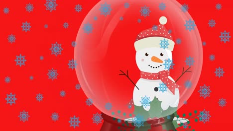 Animation-of-snow-globe-with-snowman-over-snowflakes-at-christmas