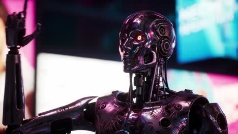 a futuristic robotic entity: exploring the intricacies of human-like artificial intelligence with a reflective surface and striking red eye in a neon-lit environment