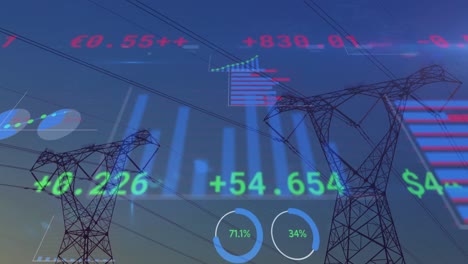 procesamiento de datos financieros en torres de alto voltaje contra el cielo azul