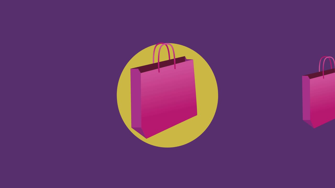 animación de bolsas de compras rosadas sobre un círculo amarillo sobre un fondo púrpura