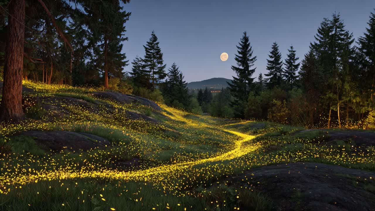 Enchanting Nightscape Featuring a Serene Meadow Illuminated by Fireflies Under a Full Moon, Surrounded by Lush Pines and Rolling Hills