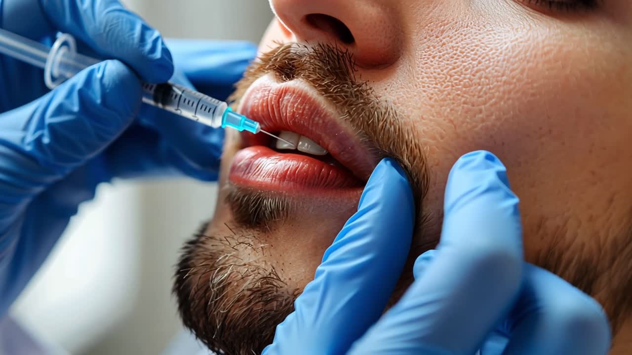 Close-up of a person receiving a lip injection
