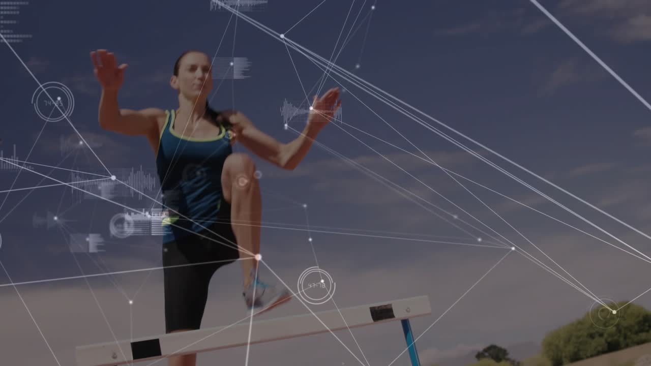 Track athlete taking stride at hurdle, sprinting hurdle with nodes tracking motion in sports tech