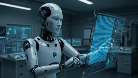 a futuristic humanoid robot interacting with a holographic display in a high-tech laboratory environment, analyzing data in a modern setting