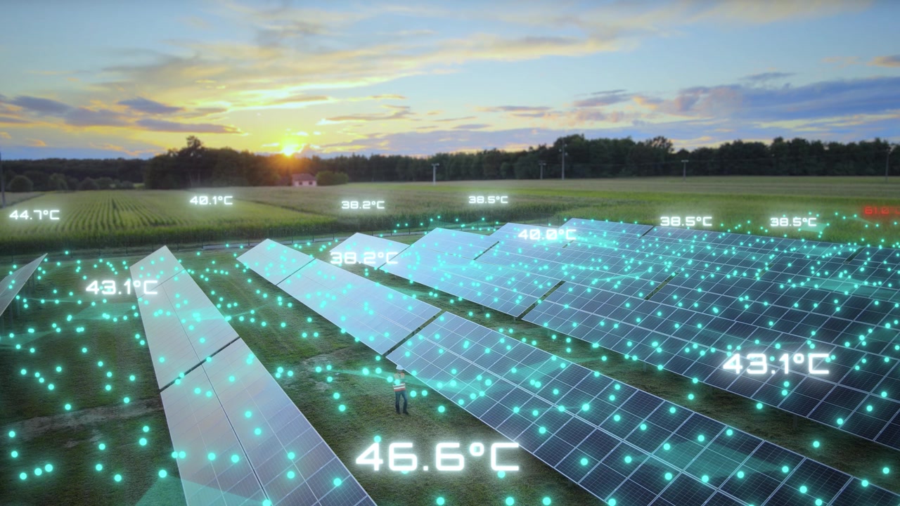 Ingegnere misura i dati di temperatura in tempo reale utilizzando una sovrapposizione di gemello digitale in un impianto solare. Ripresa con drone, sovrapposizione grafica in movimento.